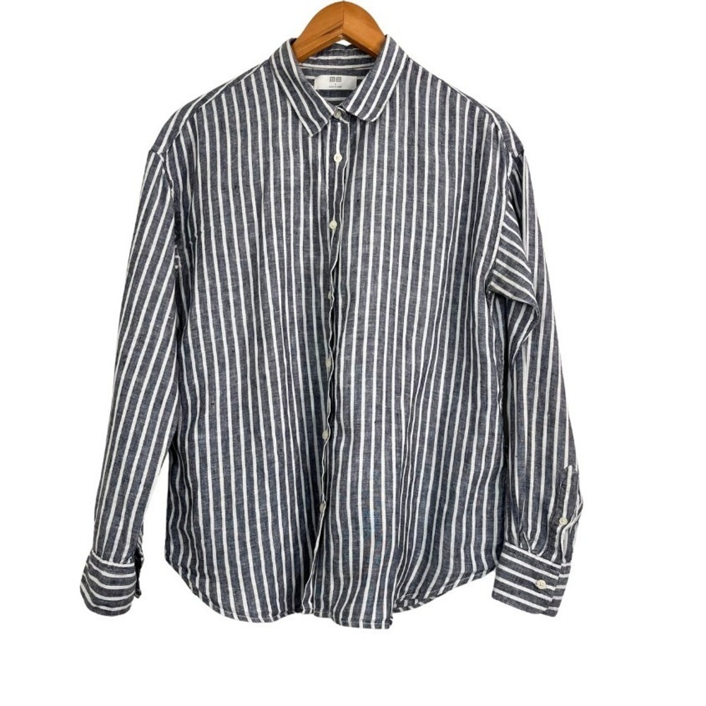 Uniqlo 100% Linen Button Front Shirt Gray White Stripe Long Sleeve Women's Sz S